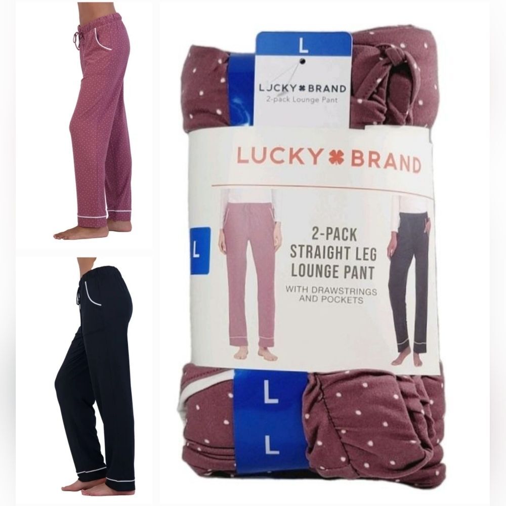 2-pk Lucky Women's L Comfy Straight Leg Lounge PJ Pants Relaxed Black/Pink Dot